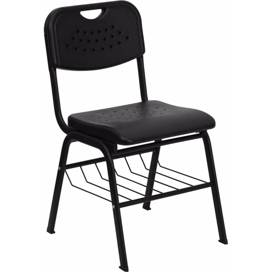Offex Black Plastic Chair w/ Black Powder Coated Frame and Book Basket - 16.25''W x 20.5''D x 29.5''H