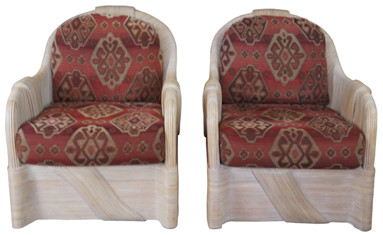 2 Sculptural Split Reed Rattan Southwestern Club Arm Lounge Chairs Boho Chic