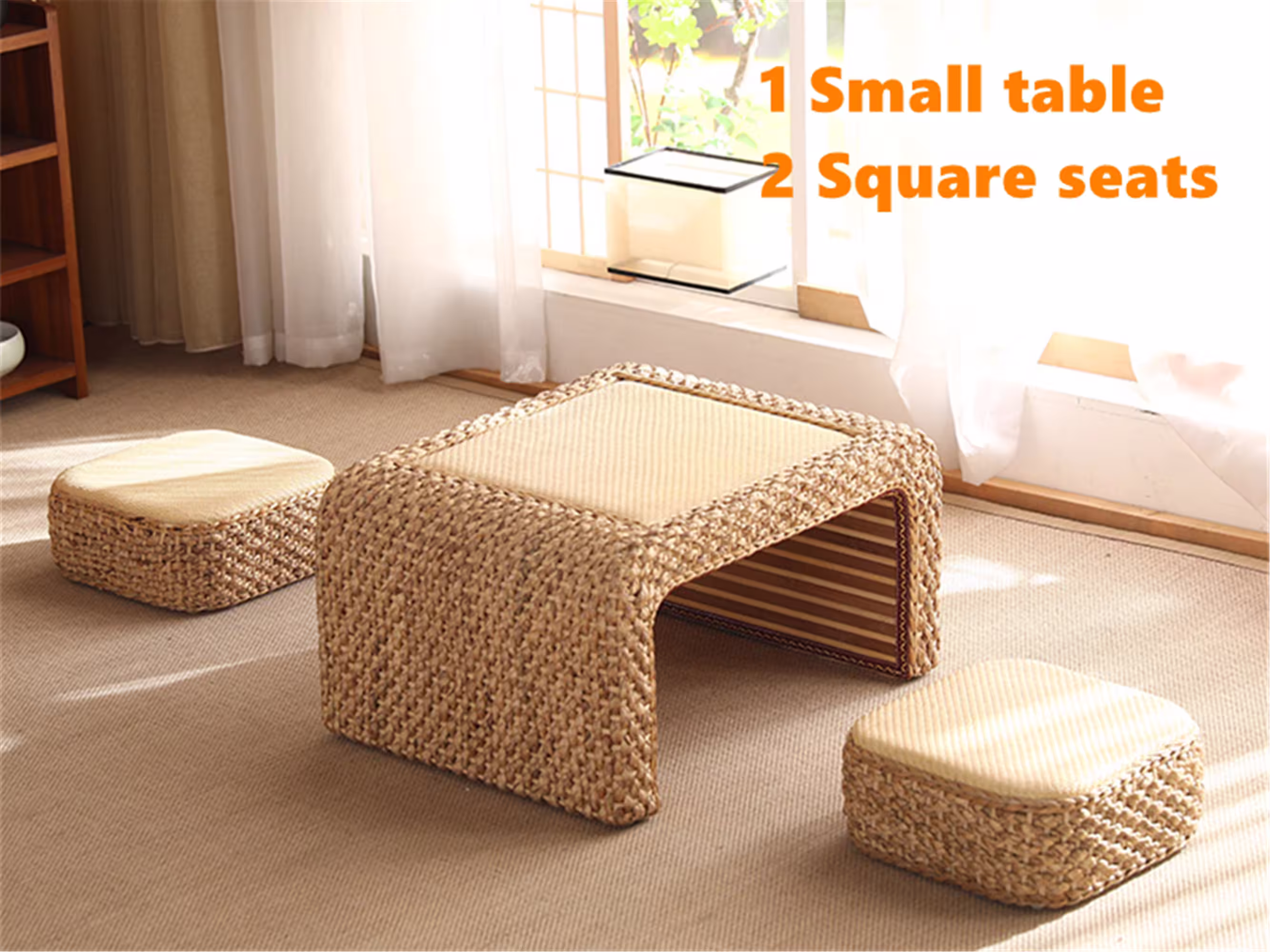Custom Size Handmade Rattan Wood Table With Cushion, Tea Coffee Tatami Country Decor Wedding Gift Christmas