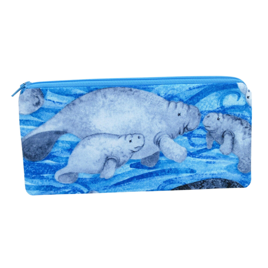 Manatee Pencil Pouch, Zippered Bag in Ocean Blue, Florida Sea Animal