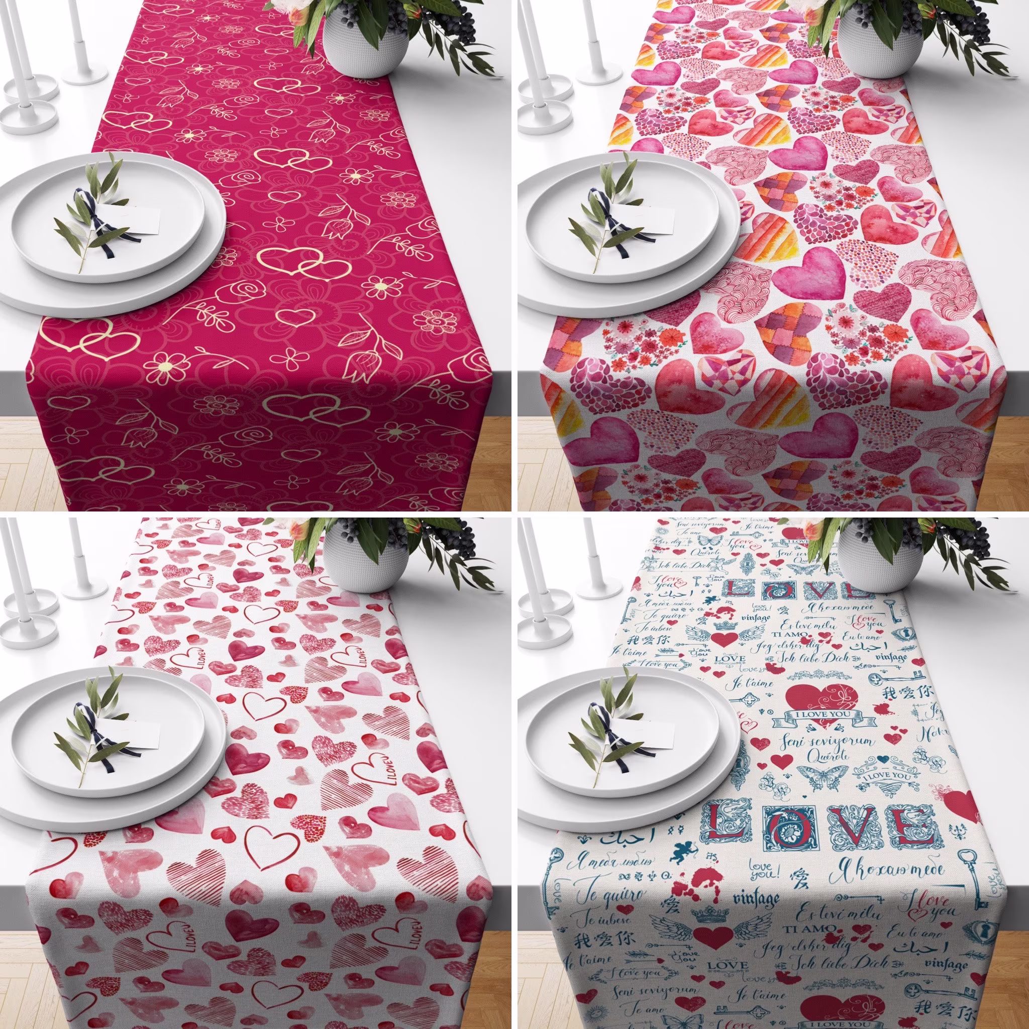 Pink Hearts Table Runner, Valentine's Day Love Tablecloth, Setting, Anniversary Gift, Dining Room Decor, Gift For Her