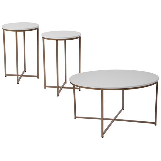 3-Piece White Contemporary Round Coffee and End Table Set 35.5"