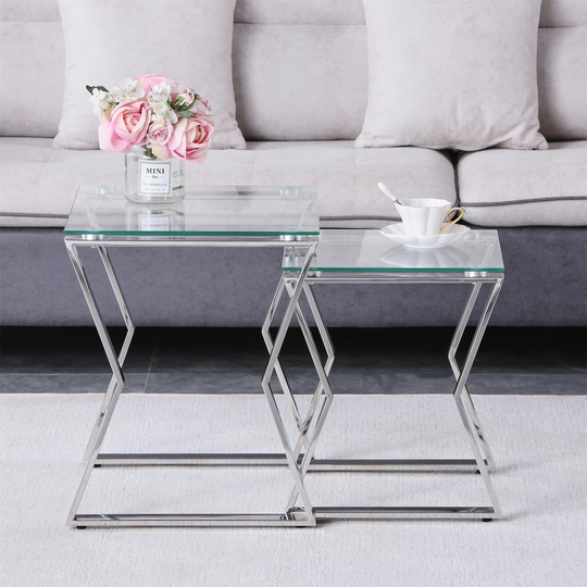 Nesting End Table Set of 2 Glass Table Set for Living Room