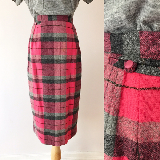 Size Xxs/Xs Vintage 1960S Pink Plaid Pencil Skirt - Wool Tartan Schoolgirl Light Academia Romantic Girly Secretary