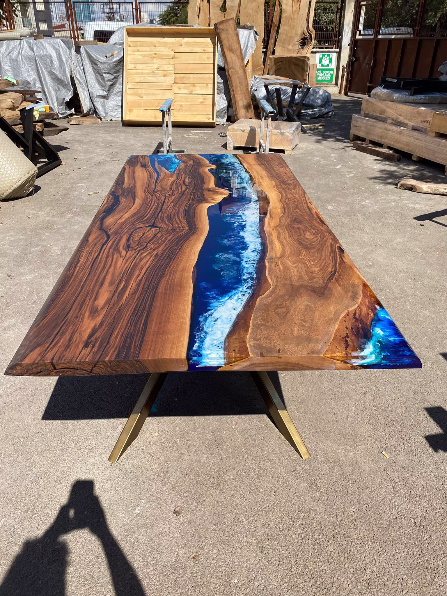 Epoxy Resin Table, Handmade Custom 90" X 42" Walnut Wood Deep Blue & Turquoise, White Waves For Kelly Bark2