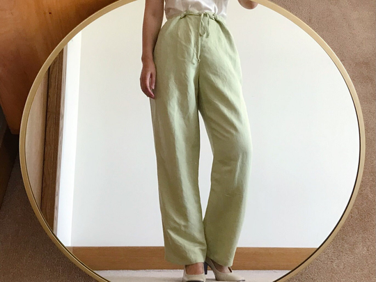 Vintage Linen Pants Slacks Trousers Minimalist High Waist Green Capsule Wardrobe Pencil Straight Size M/L