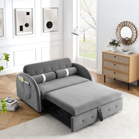 Modern 55.5" Pull Out Sleep Sofa Bed 2 Seater Loveseats Sofa Couch with side pockets, Adjsutable Backrest and Lumbar Pillows