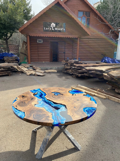 Round Dining Table, Custom 54" Diameter Walnut Wood Blue Turquoise, White Waves Epoxy Order For Katie