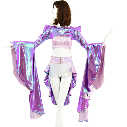 4Pc Lilac Bralette, Flashbulb High Waist Short, Lilac/Plumeria Tux Back Belt, Plumeria Bolero with Lined Sharp Shoulder Sorceress Sleeve