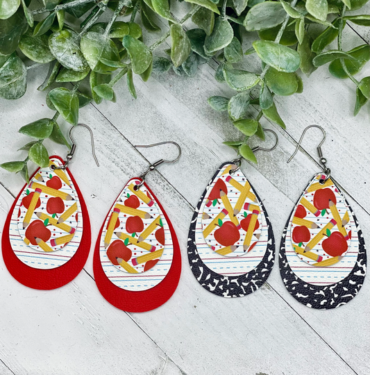 Pencil Earrings, School Teacher Gift, Appreciation, Composition Notebook, Gift For Her, Apple Earrings