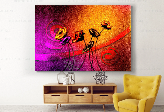 Pink Yellow Red Color Abstract Flower Canvas Painting, Floral Modern Wall Art Picture Prints Stain Glass Effect, Colorful Flowers