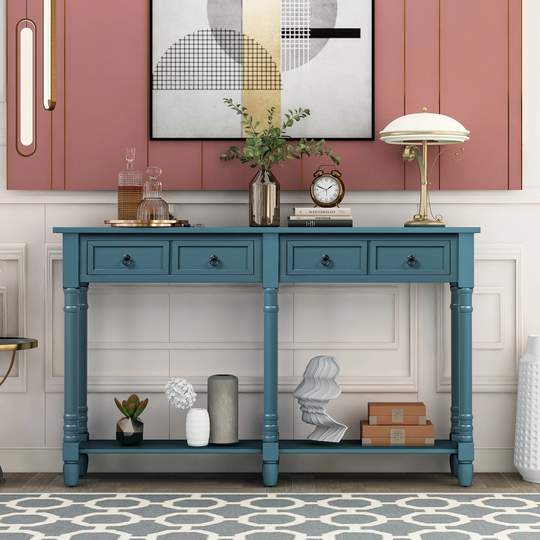 Console Table Sofa Table with Drawers and Long Shelf Rectangular Living Room Table Solid Wood (Antique Navy)