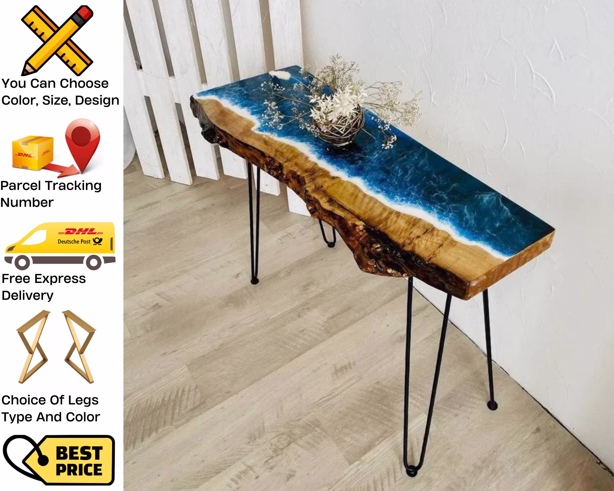Narrow Console Table, Wood Entryway Epoxy Resin Table With Black Metal Legs, Farmhouse