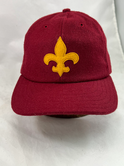 Maroon Wool 6 Panel Cap With 2.5" Visor, Old Gold Felt Fluer-De-Lis Logo. Any Size Available, Contact For Other Color Options