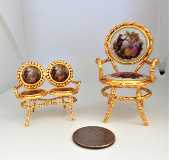 Vintage Limoges Dollhouse Chair & Mini Settee