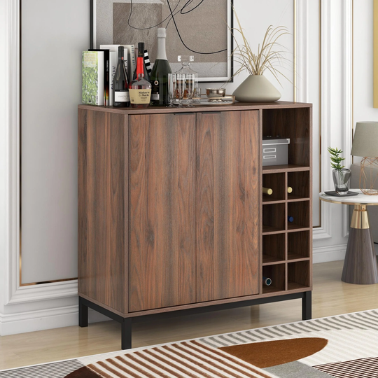 34 Inch Sideboards with Storage and Wine Racks, Storage, Server, Dark Brown Dining Room Console