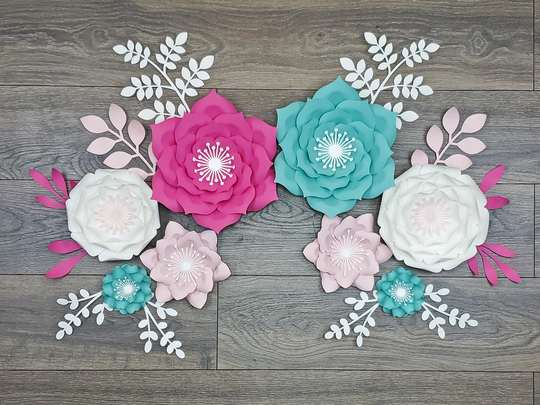 Paper Flowers Wall Decor in Fuchsia, Teal & Pink, Nursery Decoration Turquoise Pink