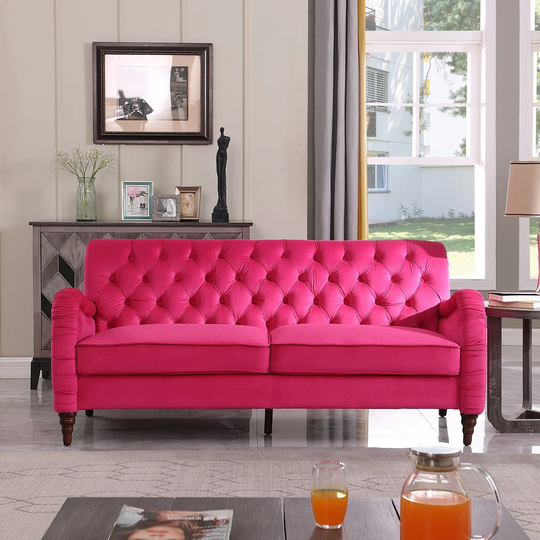 Chesterfield 3 Seater Sofa Modern Velvet Upholstered Sofa with Tufted Back and Wood Circle Legs, Lounge Couch for Living Room