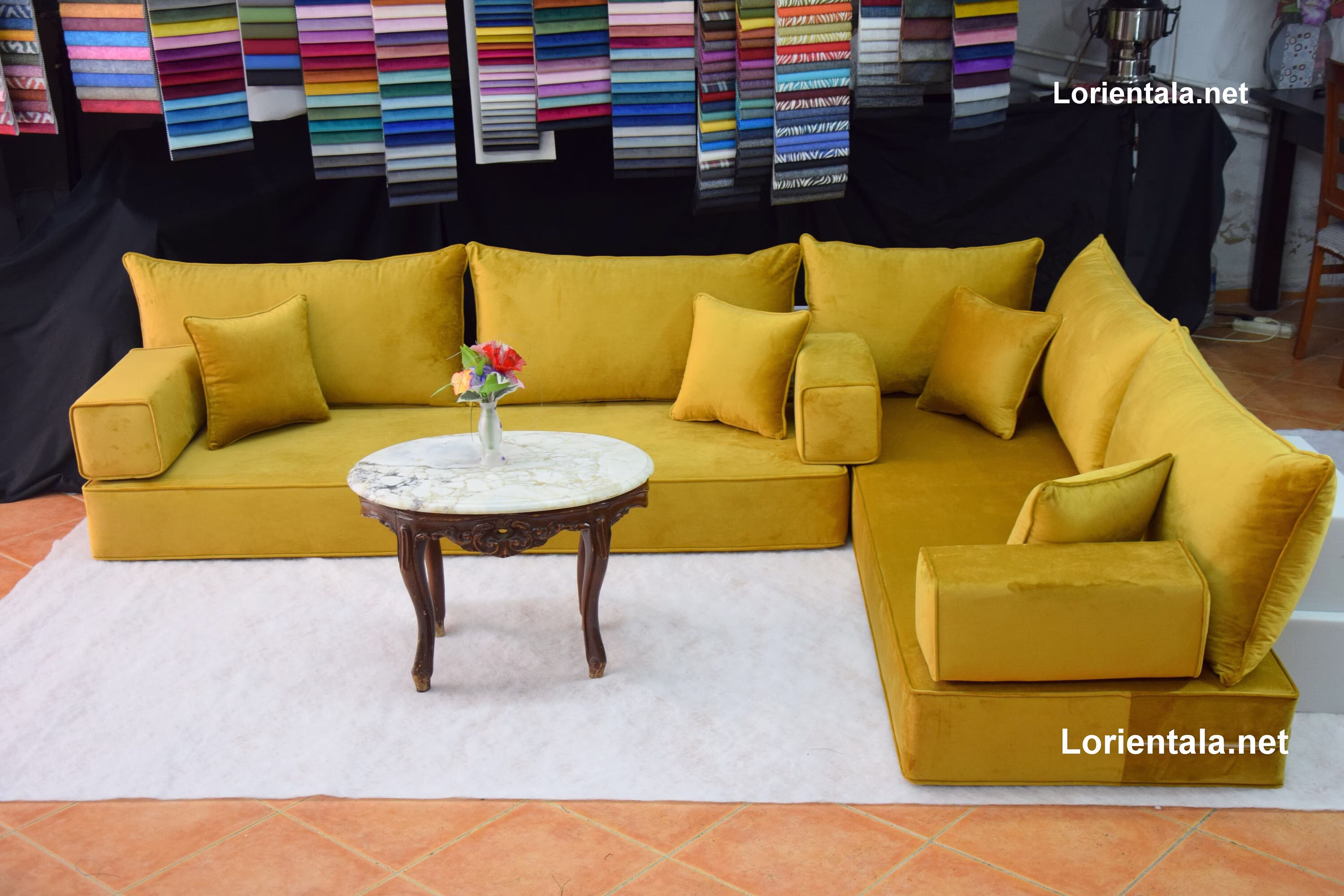 L Shaped 8'' Thick Velvet Gold Floor Seating Sofa Turkish Cushion Set Arabic Living Room Oriental Moroccan Home Decor Couch Hookah Sectional