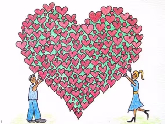 Holding Your Love ... Ooak, Original, Painting, Pencil On Paper, 4, 7" X 6, 7", 12 17 cm, Abstract, Fantasy, Couple, Hearts