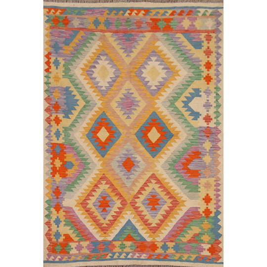 Geometric Kilim Multi-Color Oriental Area Rug Hand-woven Wool Carpet - 5'4"x 6'11"