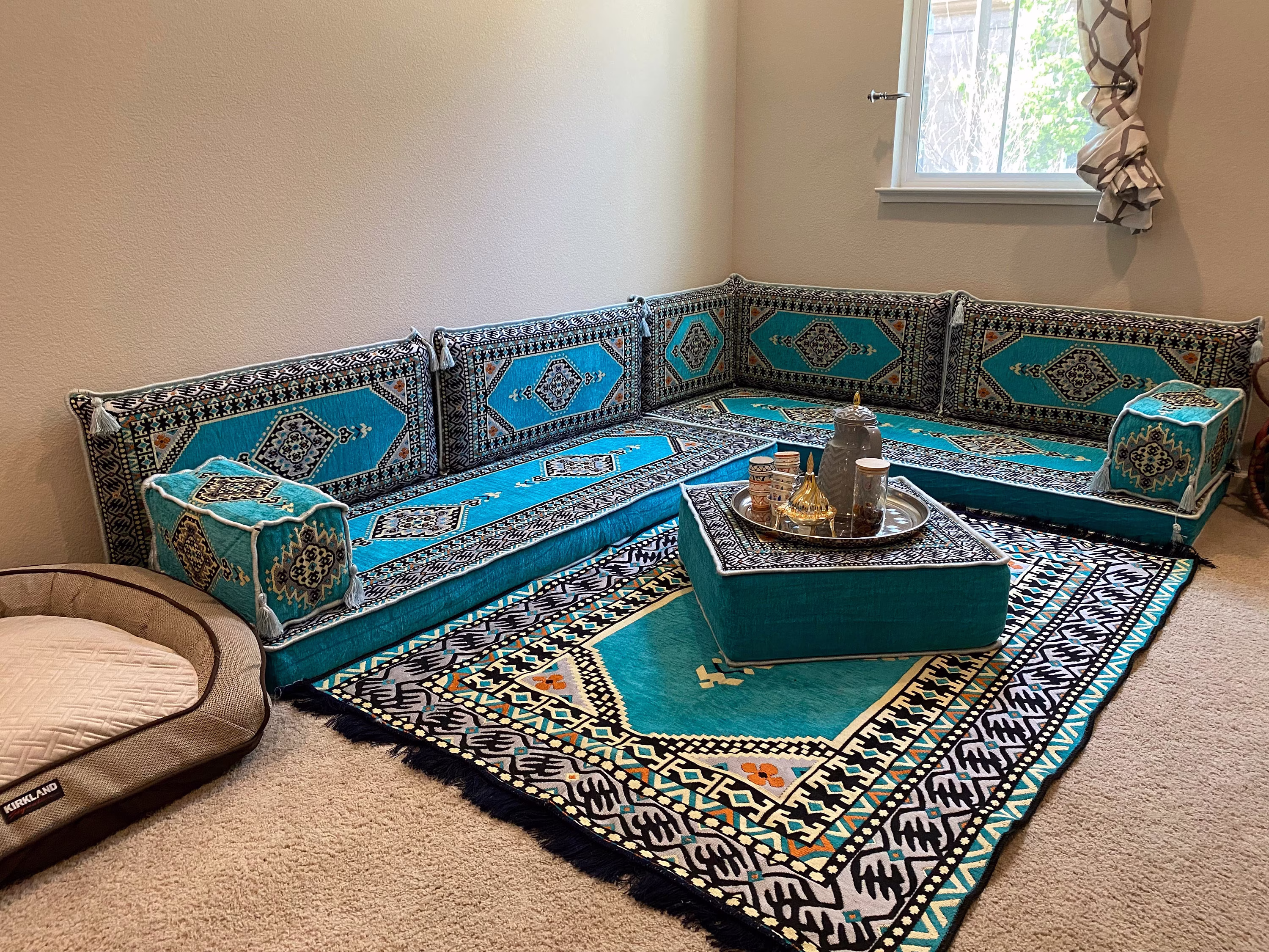 Light Blue L Shaped Corner Arabic Sofa Seating, Majlis, Sectional Sofas, Moroccan Livingroom Home Decor, Turkish Floor Sofas