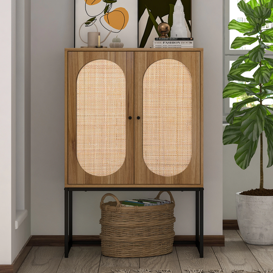 Rattan Decor Home Office Storage Cabinet, 2-Door Accent Cabinet with Adjustable Shelf - N/A