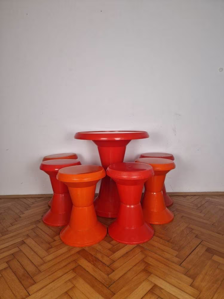 Vintage Stool/Space Age Porcini Meblo Style Tabure Red & Orange Vanity Chair 70S Retro Tulip