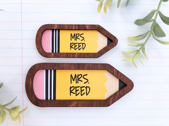 Custom Wood Framed Miniature Sign | Farmhouse Type Tiered Tray Décor Handmade in U.s.a. - Pencil Shaped Teacher Name