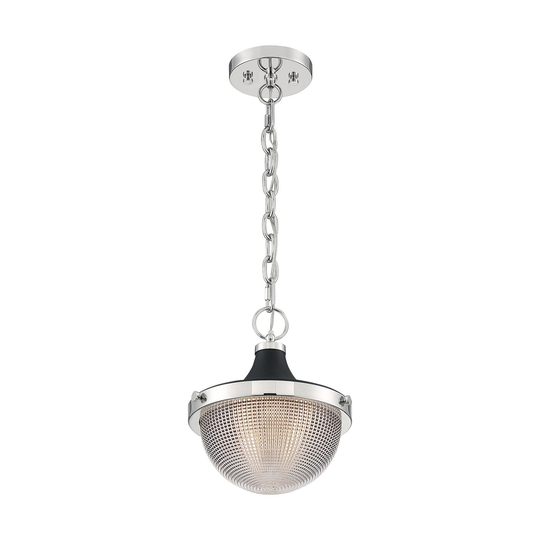 Faro 1-Light Small Pendant Fixture - Polished Nickel Finish with Black Accents Clear Prismatic Glass