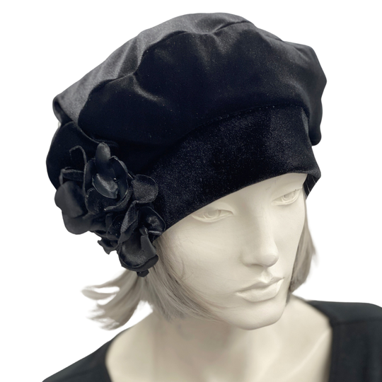 Beret For Women, Black Velvet Hat, Hydrangea Flower Brooch, Womens Hats, Satin Lined, Made in Usa