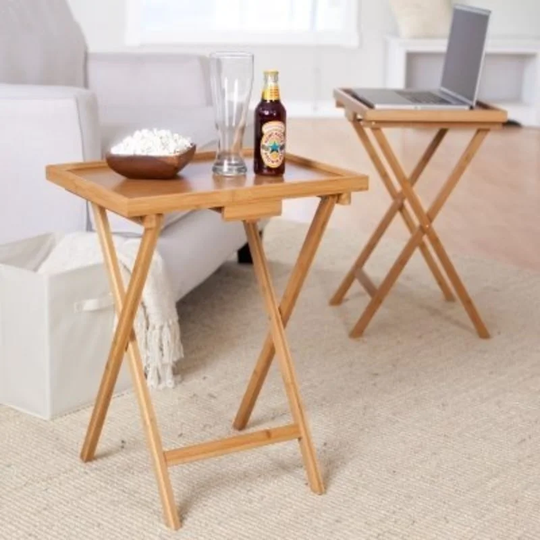 Set of 2 Bamboo Wood TV Table Snack Coffee Tables in Natural - 15 x 20 x 25.5