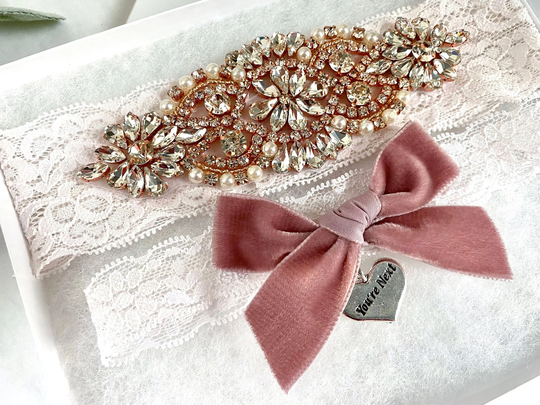 Dusty Rose Velvet Wedding Garter, Non Slip Lace Garter Set, Vintage Rhinestones & Pearls, Bridal Set - 3101-Dv