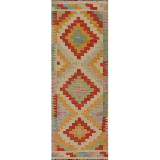 Geometric Multi-Color Kilim Oriental Runner Rug Flat-weave Wool Carpet - 2'5"x 7'6"
