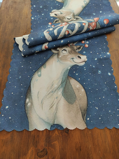 Trend Table Runners, New Year Deer & Snowflakes Patterned Table Runner On Navy Blue Background, Housewarming Gift