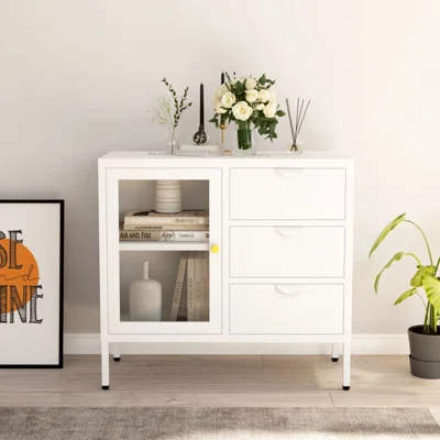 Latitude Run® Sideboard White 29.5"X13.8"X27.6" Steel And Tempered Glass