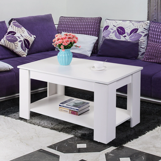 Lift Top Coffee Table with Hidden Compartment and Open Shelf, Modern Wooden Table for Home Living Room, White