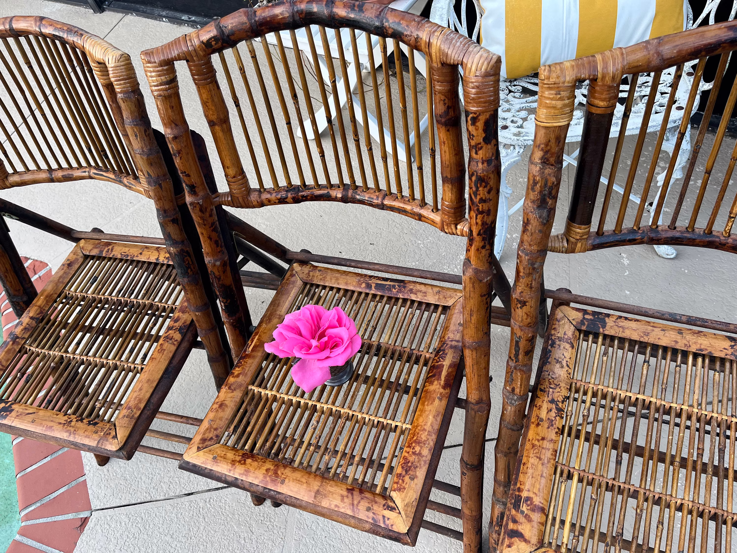 Set Of 3 Burnt Bamboo Folding Chairs, Tortoiseshell Bistro Vintage Boho Bamboo Chairs