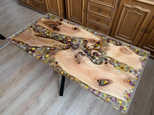 Unique Flower Design Coffee Table Epoxy Resin, Organic Walnut Tree Accent Table