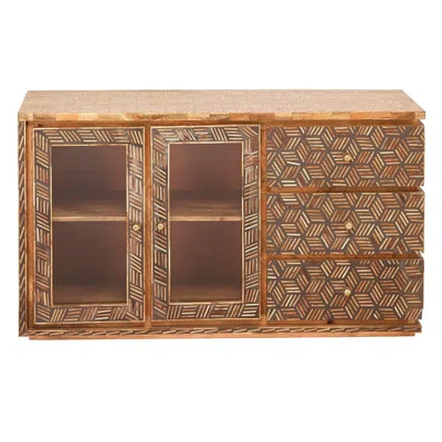 55 Inch Bone Inlay Brown Symmetry 3 Drawer 2 Framed Glass Doors Sideboard Sepia