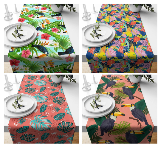 Tropical Table Runner, Outdoor Runner, Toucan Tablecloth, Tropical Kitchen Decor, Summer Dining Cover, Outdoor Centerpiece