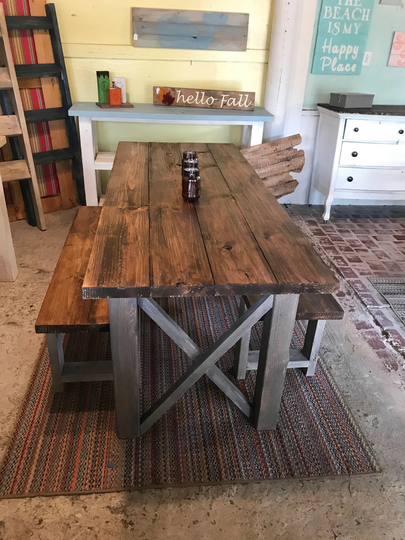 Farmhouse Table & Benches Option, Minwax Stain Handmade Dining Set, Kitchen Set X Criss Cross Style | Quick Lead Time