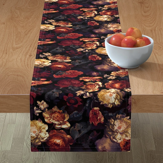Dark Moody Floral Table Runner - Dutch Midnight Roses By Utart Maximalist Baroque Garden Cotton Sateen Spoonflower