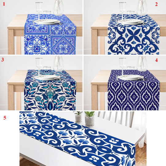 Tile Design Table Runner, Traditional Linen, Authentic Cover, Rectangle Tablecloth, Vintage Kitchen Ethnic Decor
