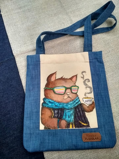 Ukraine Bag Handpainted Cat With Coffee Cotton Ukrainian Shopper Designer Shop Seller