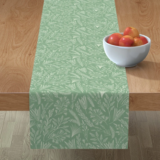 Sage Green Nature Table Runner - Wild Grasses On Jade By Handypanda Floral Plants Cotton Sateen Spoonflower