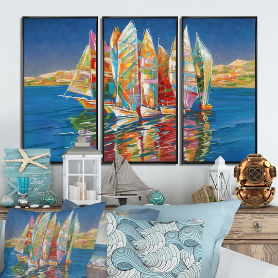 Designart 'Colorful Sailboat On Blue' Nautical & Coastal Framed Wall Decor Set of 3 - 4 Colors of Frames