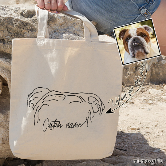 Custom Dog Ears Outline Tote Bag, English Bulldog Line Art Drawing Minimalist Bag