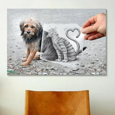 'Pencil Vs Camera 58 - Cat and Dog' by Ben Heine Photographic Print on Wrapped Canvas