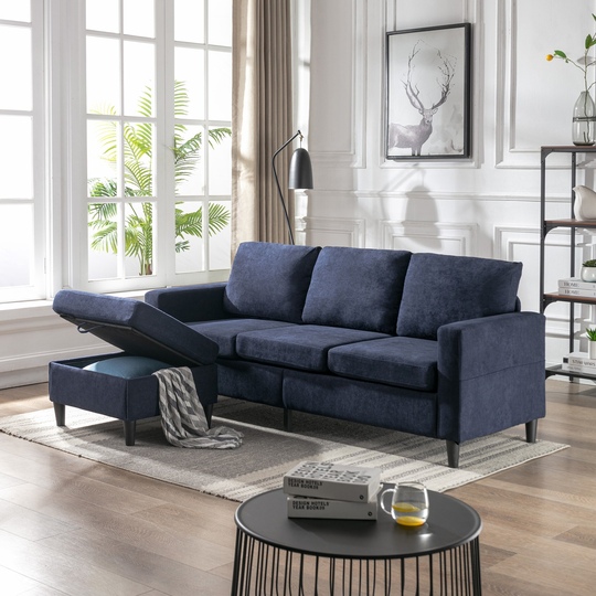 77.9" Upholstered Sectional Sofa with Handy Side Pocket, Living Room L-Shape 3-Seater Couch with Movable Ottoman for Small Space